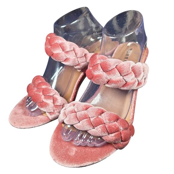 TORRID Pink Chunky Heels Size 8.5 Wide Velvet Braided Heel Sandals Excellent - Picture 1 of 8